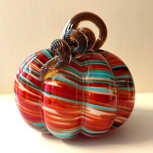 Vintage Hand Blown Art Glass Pumpkin Hues of Red Teal White